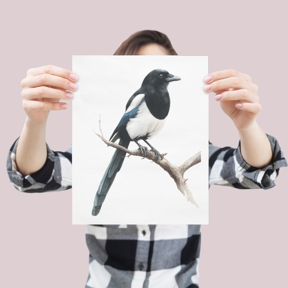 Watercolor Magpie Bird Wall Art Print, Unframed - Elegant Nature-Inspired Decor - Picture 4 of 6